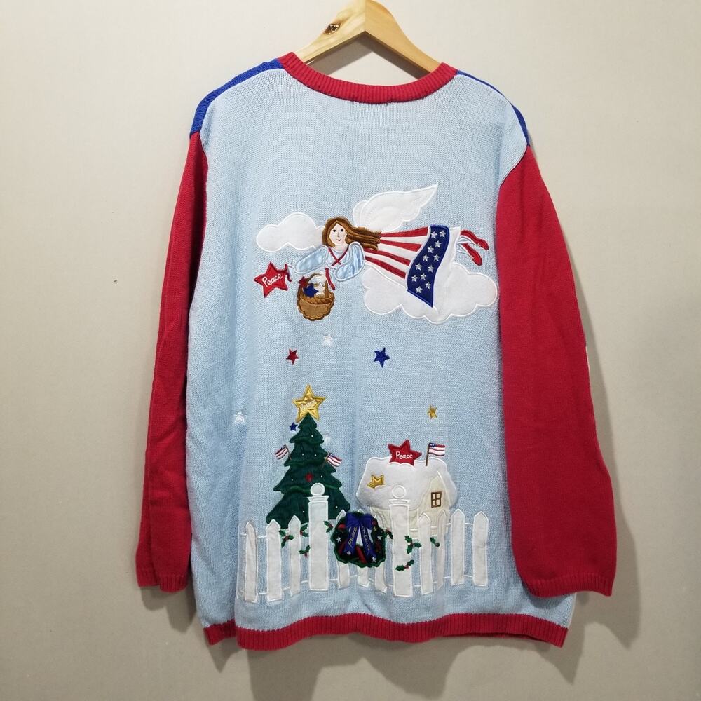 The Quacker Factory Sweater Womens 2X Blue Red Christmas Cardigan Art to Wear - Picture 4 of 8